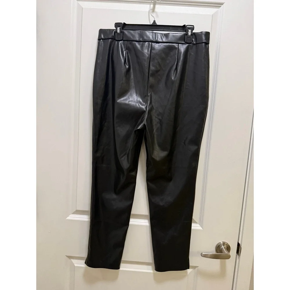 Michael Kors Womens Black Faux Leather Leggings Gold Logo Tapered Pants Size L